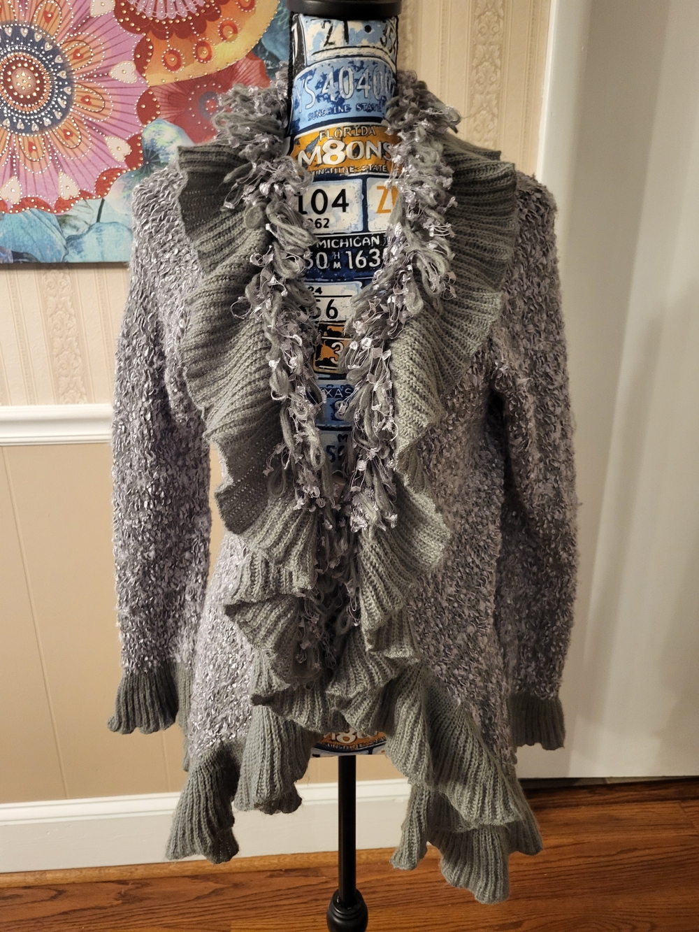 Gray Ruffled Open-Front Women's Cardigan Sweater, Xl
